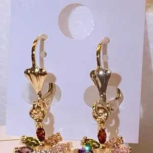 Crown Drop Earrings Gold Plated 14K Multi Color Earrings Crown with Decorative Design and Colorful Stones