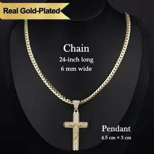 Men's 14K Real Gold Plated Figaro Chain Necklace 24" Long Miami Cuban Link Jesus Crucifix Pendant Tarnish-Free Religious Jewelry Gift for Him Christian Faith Fashion Accessory
