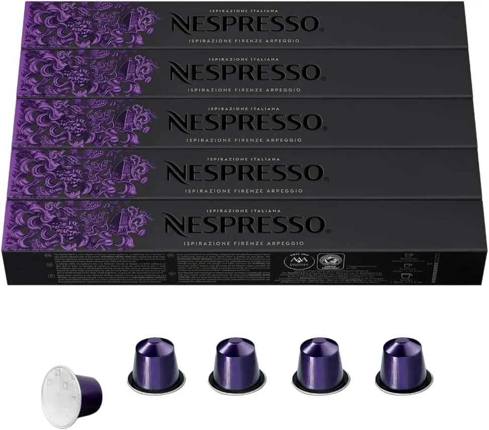 NESPRESSO Original Line Espresso Capsules - Arpeggio Intenso Dark Roast, 50 Recyclable Coffee Pods (1.34 oz), Low Fat, Bold Roasty & Cocoa Flavor, Cupboard-Storable, All-Age Suitable