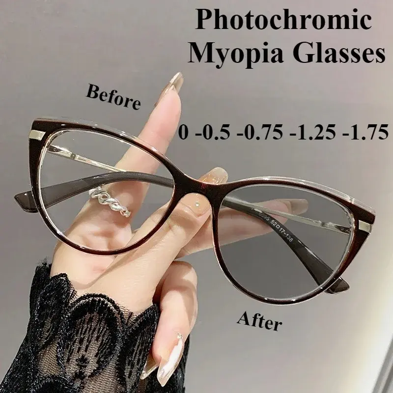 0 -0.5 -0.75 Photosensitive Myopia Glasses Cat Eye Anti Blue Light/myopia Glasses Flat Metal Eyeglass Frame for Myopia Glasses