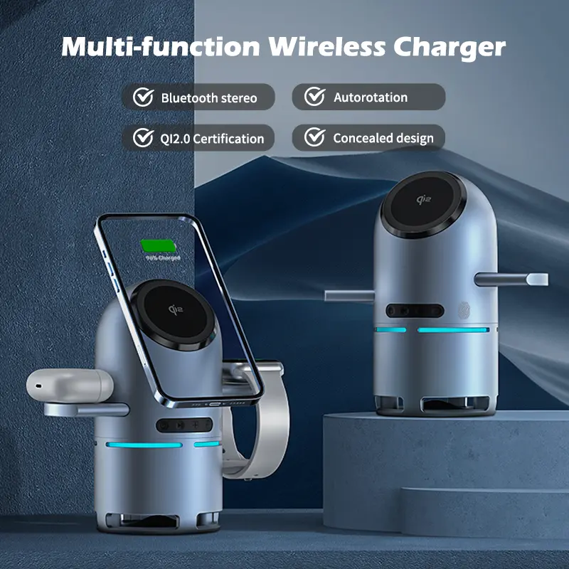 4 in 1 wireless charger with Auto Rotation,fast charging,Qi2 certified,suitable for,iPhone,iWatch,AirPods headphone 3 in 1 charing stations,touch pop-up charging,5.3bluetooth speaker,easy to carry wireless charging,wireless Multi-Device charging