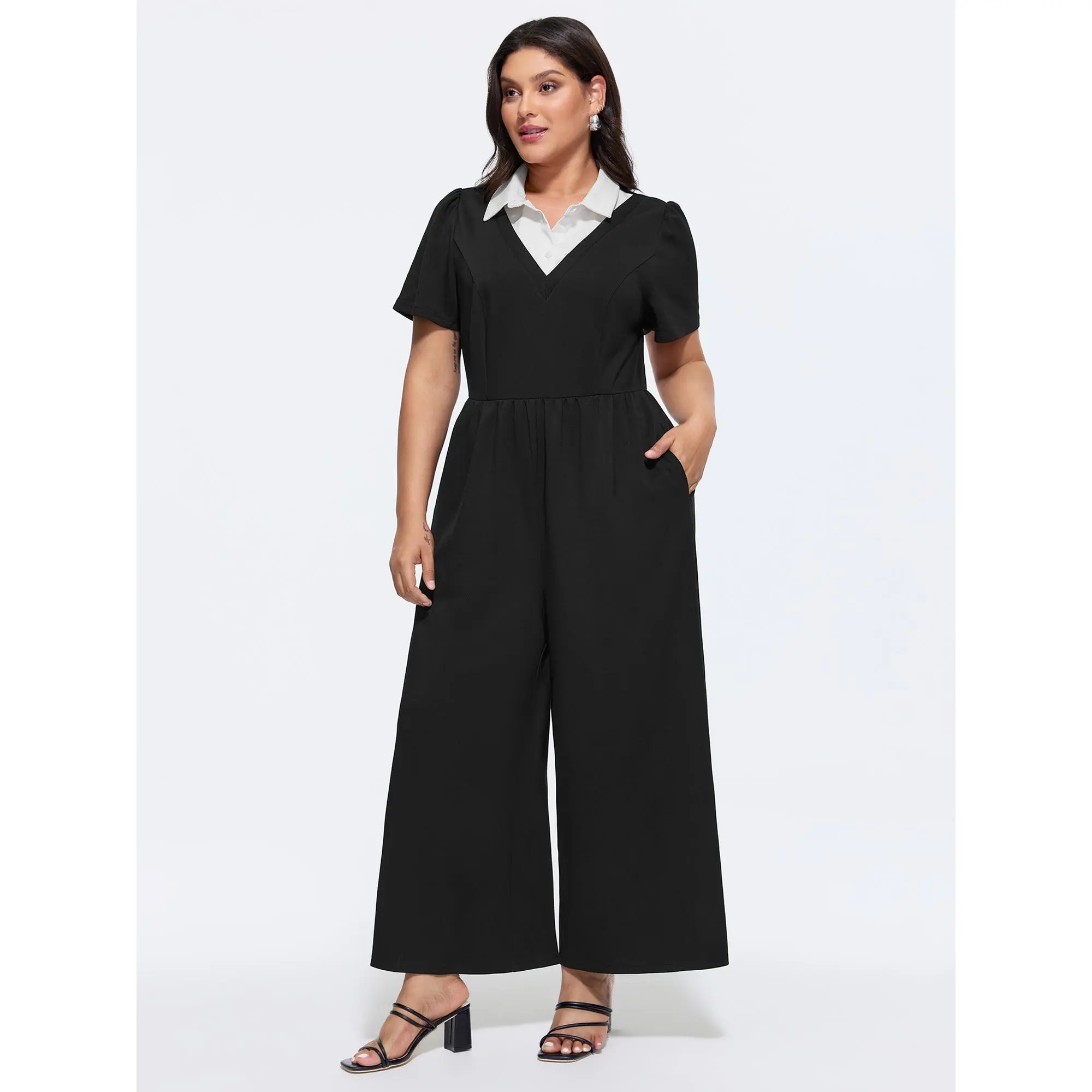 BloomChic Women's Plus Size Straight Fit Jumpsuit, Basic Colorblock Overalls with Short Sleeves, a Collared Neckline and Side Pockets, Lady