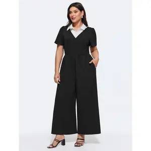 BLOOMCHIC Women's Plus Size Collared Layered Neckline Straight-Fit Shortsleeve Jumpsuit [M-6X] - 2026 Summer Polyester Garment with Smooth Fabric, Pocket, Minimalist Design, Swimweek Spotlight Deals,summeroutfits,vacationoutfits,bathingsuitwomenset,beacho