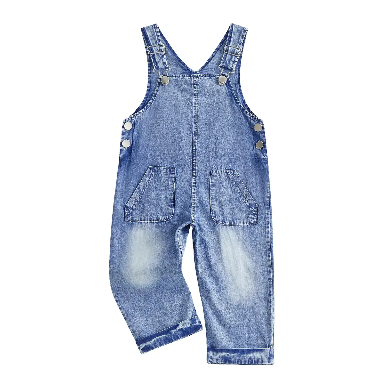 Unisex Toddler Light Blue Washed Denim Overalls Adjustable Metal Buckle Shoulder Straps Snap Buttons On Both Sides Dual Front Patch Pockets Roll Cuff Hem Loose Fit Casual Jean Jumpsuit For Baby Boys Girls All Season Loungewear