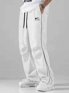Men's Vintage Striped Sport Pants Summer Ice Silk Straight Leg, Loose Drawstring Waist, Side Bar Design, Trendy Print, Versatile Slim Fit, Sports Bottoms