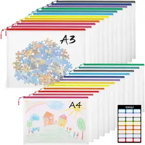 24pcs Mesh Zipper Pouch Bags 12 Colors Extra Large 12PCS A3 and 12PCS A4 Storage Bags for Organizing Puzzle Files, Classroom School Board Games and Office Supplies