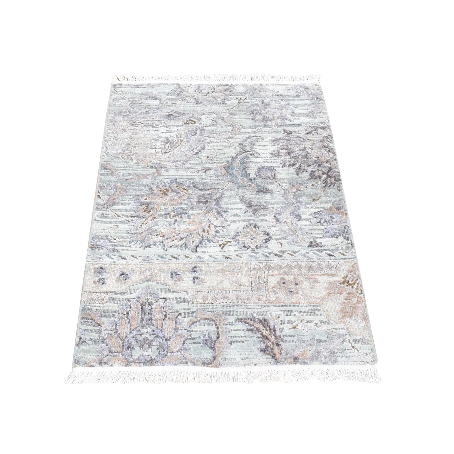 Chetwode Green, Pure Silk with Textured Wool, Mughal Design, Hand Knotted, Oriental Rug (2'x3')