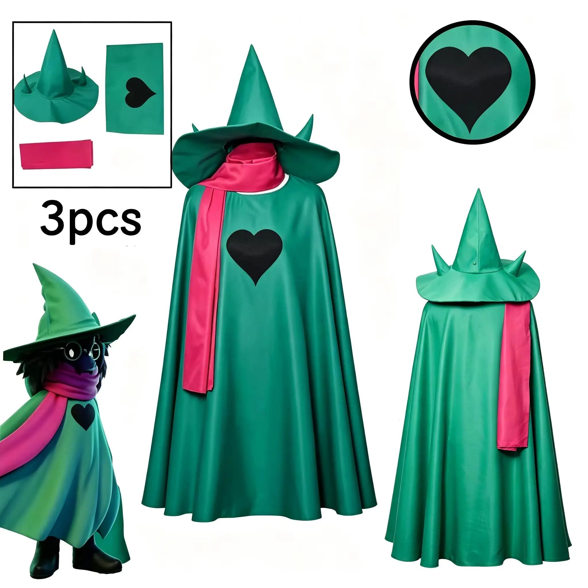 Deltarune Ralsei Cosplay Full Set, 3 Pieces Green Cloak, Wizard Hat & Pink Scarf, Halloween Game Role Play Costume