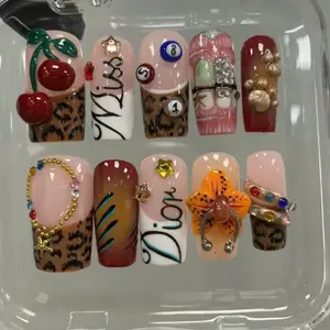 Y2K Diva Leopard Press-On Nails, 3D Cherry & Flower Charms, Rhinestone Rings and Gold Details, Brown Leopard and Nude Mix, Handmade Glam Nail Art Set for Trendy Fashion Lovers