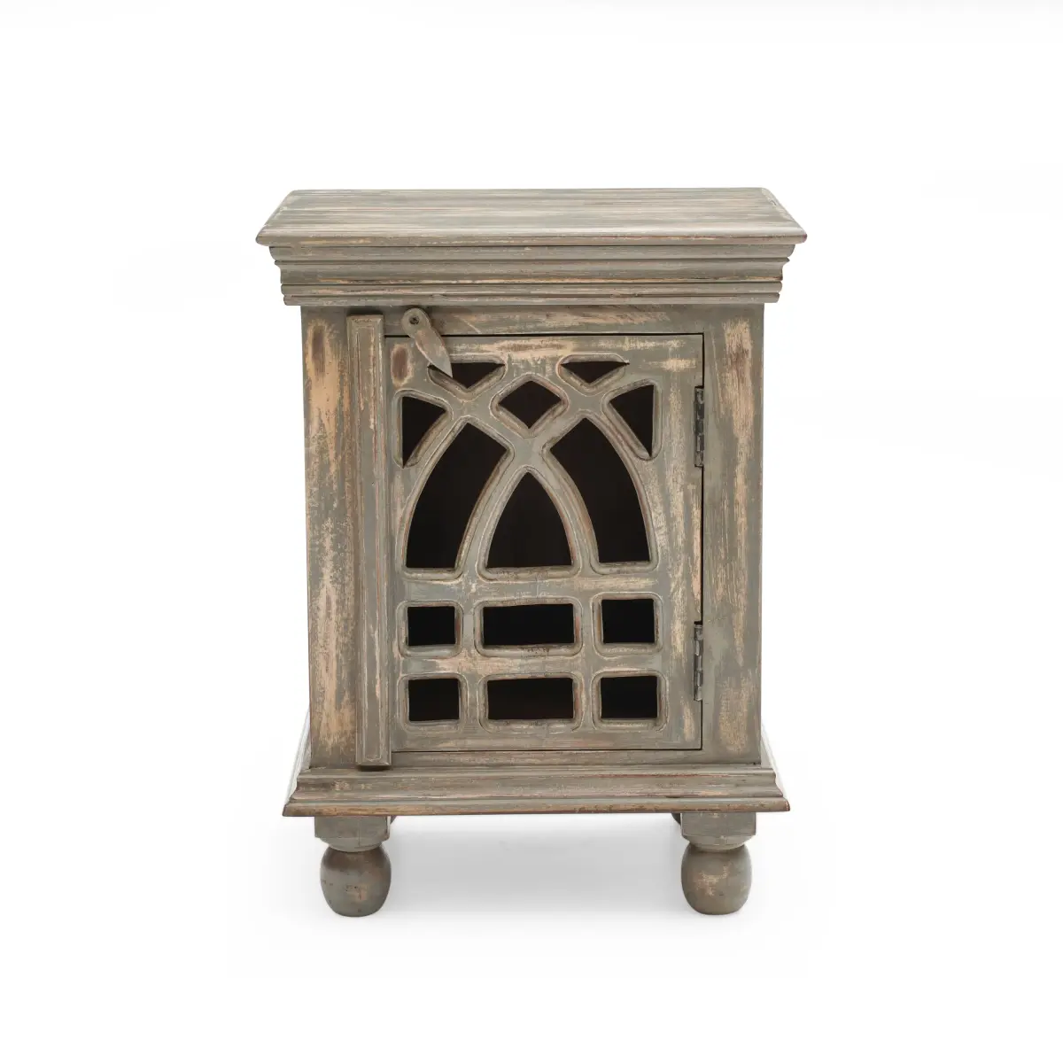 18x14x24 in Antique Grey Washed Solid Mango Wood Nightstand - Hand Carved Floral Pattern, Exquisite Artisanal Farmhouse Assembled Dual-Use Bedside Table, Space-Saving Multifunctional End Table for Bedroom Narrow Indoor Space, Exquisite Bedside Tables, Ass