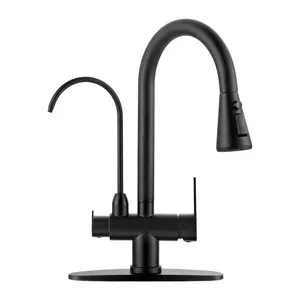 WOWOW Kitchen Faucet with Water Filter Faucet, Black Stainless Steel Drinking Water Faucet, High Arc 2 Handle Kitchen Sink Faucet with Pull Down Sprayer for Kitchen Sink Farmhouse Bar