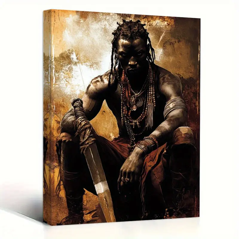 A canvas wall art of African warriors, with wooden frame, ready to hang, Framed home decor, suitable for bedroom, living room, office, African Warrior Depiction, Texture Background, African American Wall Art