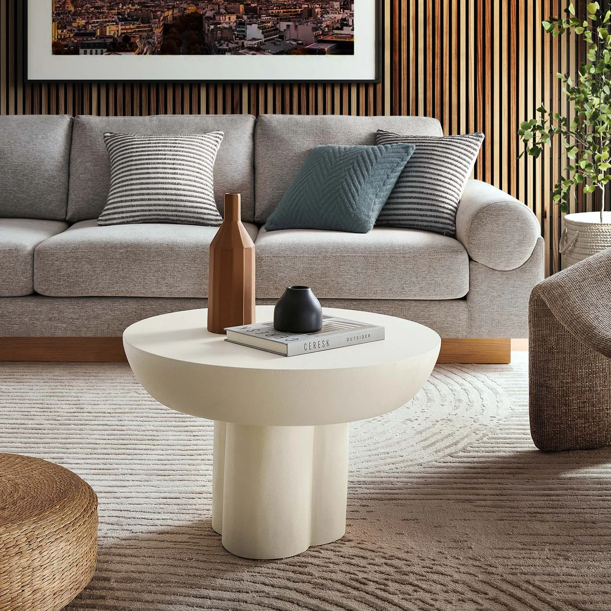 Modway Caspian Round White Concrete Coffee Table - Modern Pedestal Base, Clean Aesthetic, Indoor Use Furniture, 275 lbs Weight Capacity, Assembly Required, Felt Pads for Floor Protection, Living Room & Lounge Gatherings