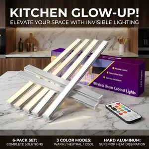 6-Pack Wireless Under Cabinet Lights - 3 CCT LED Light Bar with Remote Control. Rechargeable Magnetic Closet Light for Kitchen, Wardrobe. Hard Aluminum Bar for Superior Heat Dissipation lamp