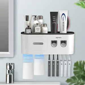 BHeadCat Wall Mounted Toothbrush Holder with Automatic Toothpaste Dispenser 6 Slots 2 Magnetic Cups 1 Drawer Organizer and 1 Large Storage Tray Bathroom Accessory