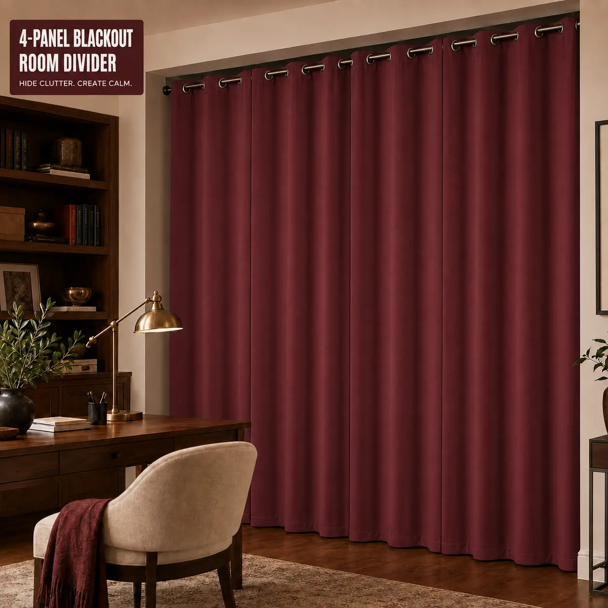 4-Panel 100% Blackout Room Divider Curtains, Lightweight Grommet Top Privacy Partition Drapes for Home Office, Closet, Laundry Area, Doorway, Storage Space and Studio, Multiple Colors and Sizes