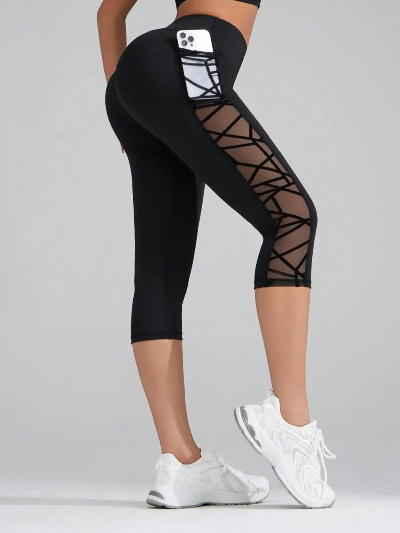 Women's Contrast Mesh Pocket Design Cropped Leggings, Sports High Stretch Leggings, Casual Sporty Comfy Breathable Skinny Pants for Yoga Gym Workout, Ladies Breathable Athletic Bottoms for All Seasons, Athleisure Style Bottoms