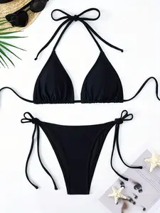 Klein Blue Bikini Set, Colorblock Halter Neck Swimsuit, Sexy Tie-Up Two-Piece Swimwear, European Style Plus Size Triangle Cups, Tie Back Bikinis