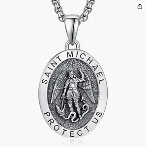 TANGPOET St Michael Necklace for Men Sterling Silver Saint Michael Necklace for Men St Michael Pendant Medal Medallion Oval Archangel Protection Jewelry Religious Gifts