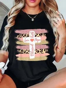 100% Cotton Christian Faith Love Hope Blessed - Cross Cheetah Ombre T-Shirt