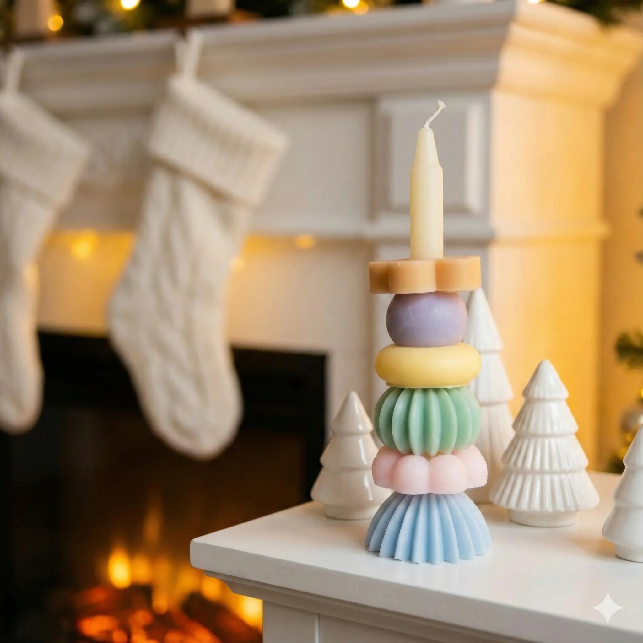 TheVibeLoftUS Modular Taper Candle Set Pastel Colors Customizable Stack Design for Festive Home Decor 6 Stackable Geometric Shapes Cream Taper Candle English Pear Freesia Fragrance