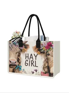 Large Capacity Cow Pattern Storage Bag, Cow Print Tote, Durable Handle, Space Saving Multi-Purpose, Ideal for School, Travel, Shopping