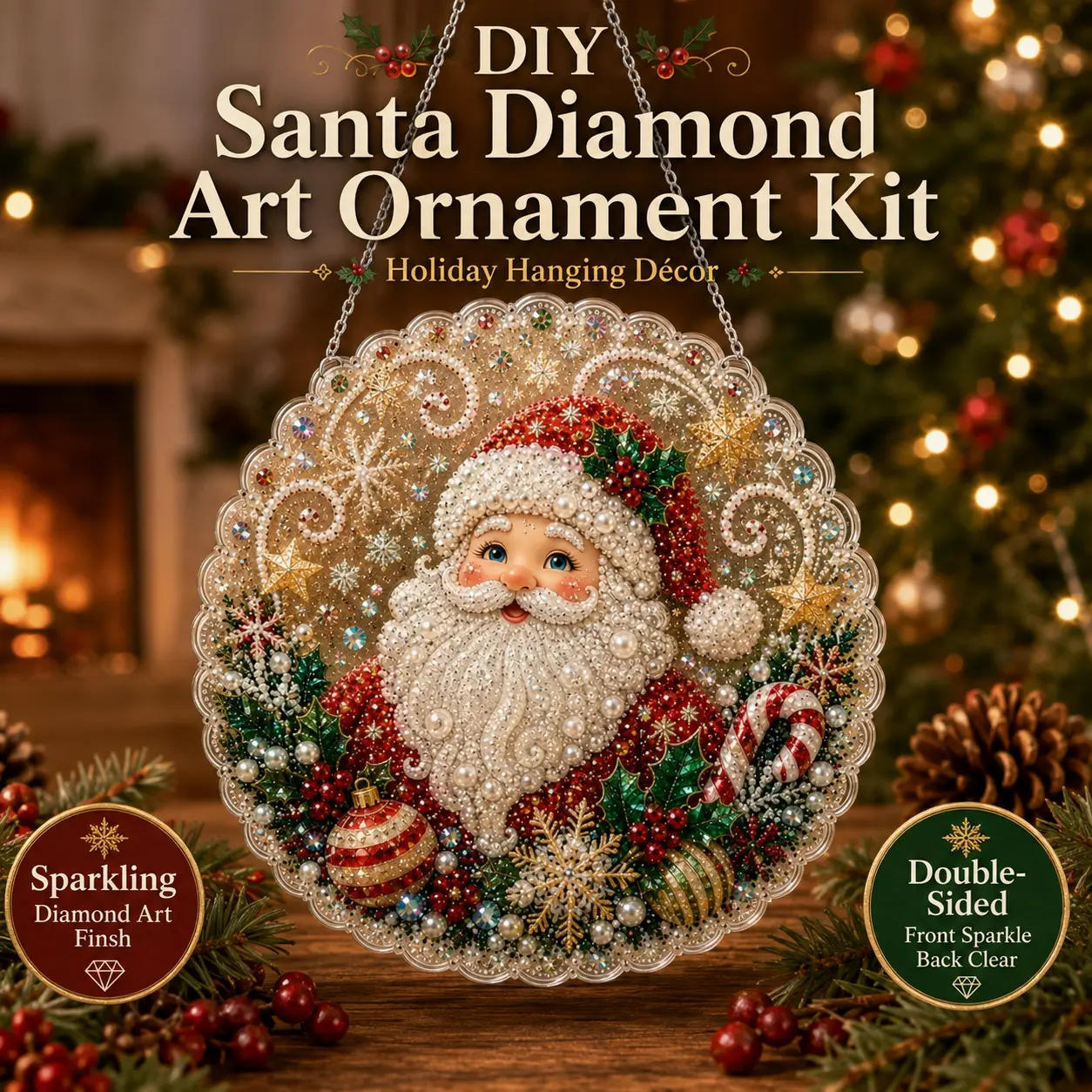 DIY Diamond Painting Santa Hanging Ornament Kit, Shiny Colorful Gem Art Craft Set, Christmas Festive Hanging Pendant for Christmas Tree, Window & Home Decoration, Holiday Gift Set, Size: 20cm × 20cm (7.87in × 7.87in)