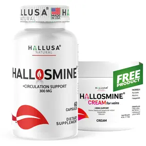 HALLUSA NATURAL HALLOSMINE 300mg Capsules & Free Cream Bundle, Blood Flow & Capsules Vitamins Supplements for Vein Support, 60-Count 30-Day Supply, USA-Made, Non-GMO, GMP-Certified Dietary Supplement, Blood Flow Supplements