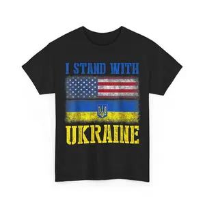 Support I Stand With Ukraine American Ukrainian Flag Unisex T-Shirt Casual Cotton Menswear Top