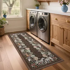 1-piece hallway rug, forest wildlife print rug, green zebra design long rug, Animal print rug, Washable rugs, Valentine's Day gift, non-slip rug, soft and comfortable plush mat, suitable for hallway, porch area, bedroom, bathroom, living room