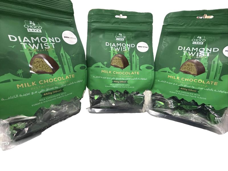 Choco Lake Dubai Chocolate Sensation Diamond Twist Pistachio Kunafa Milk Chocolate 450g x 3 Pouches for Parties Ramadan Eid Everyday Indulgence