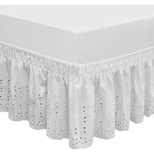 Wrap Around Elastic Eyelet Bed Skirts 14 1/2 Inches Drop Dust Ruffle Sides Easy On/Easy Off Cotton(White Queen/King)
