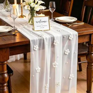 yuboo White Flower Table Runner, 120 Inch 10FT Sheer Gauze Floral Table Runner with Pearl, Wedding Table Decor for Bridal Shower, Tea Party, Fairy Birthday, Spring Party Decorations