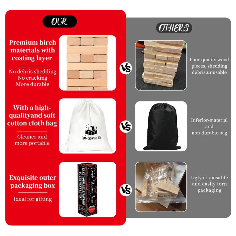 Wooden Tumble Tower Game for Date Night, 54pcs Exciting Stacking Blocks for Grown Ups Romantic Anniversary Valentines Gift Talking Flirting Challenge Spicy Dare Game for Couples