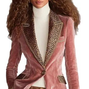 2025 autumn/winter women's velvet business casual jacket with contrasting leopard print border, irregular fit, street fashion, elegant commuting, long sleeved top, single button plaid fashion jacket, suit, street wear high quality xmas  party  outfit lape