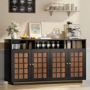 Gyfimoie Sideboard Buffet Cabinet with Charging Station & Led Light, 55'' Wide Coffee Bar Cabinet w/ Grid Design & 3 Cubbies, Mid-Century Modern Sideboard Cabinet w/ Color Blocking, Black Buffet Table for Dining Room, Living Room