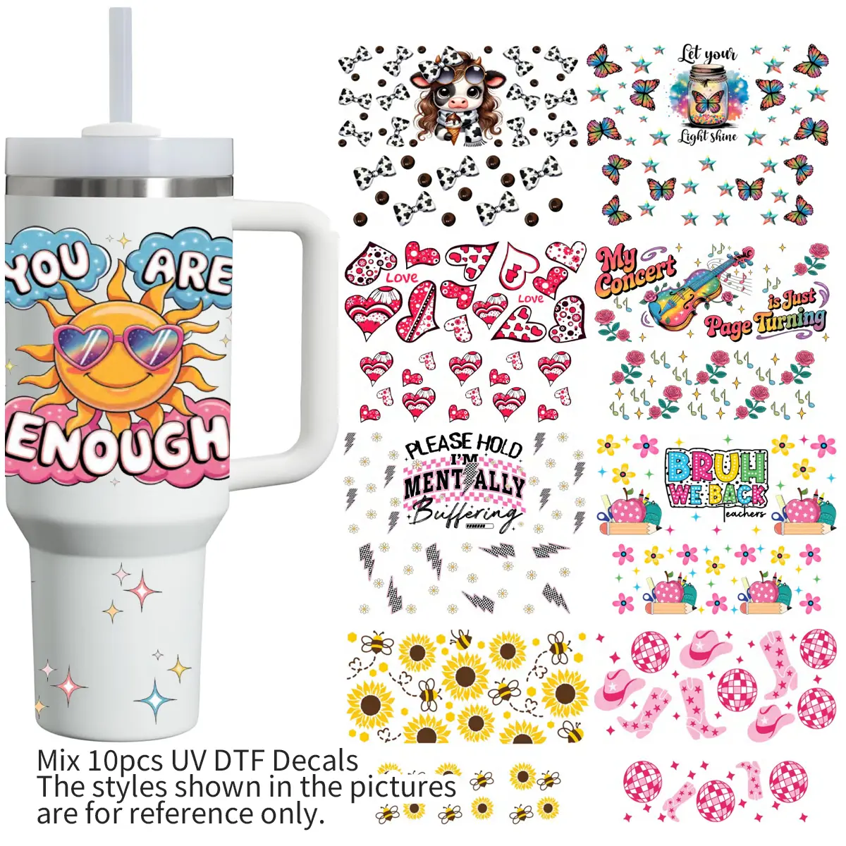 10pcs 40oz Tumbler Decal Sticker Collage Pack - Vinyl Decal Stickers, Cute Cartoon Art, Mix & Match Fun for Cup Accessories, Character Prints, Fun & Unique Designs, Cute Cartoons