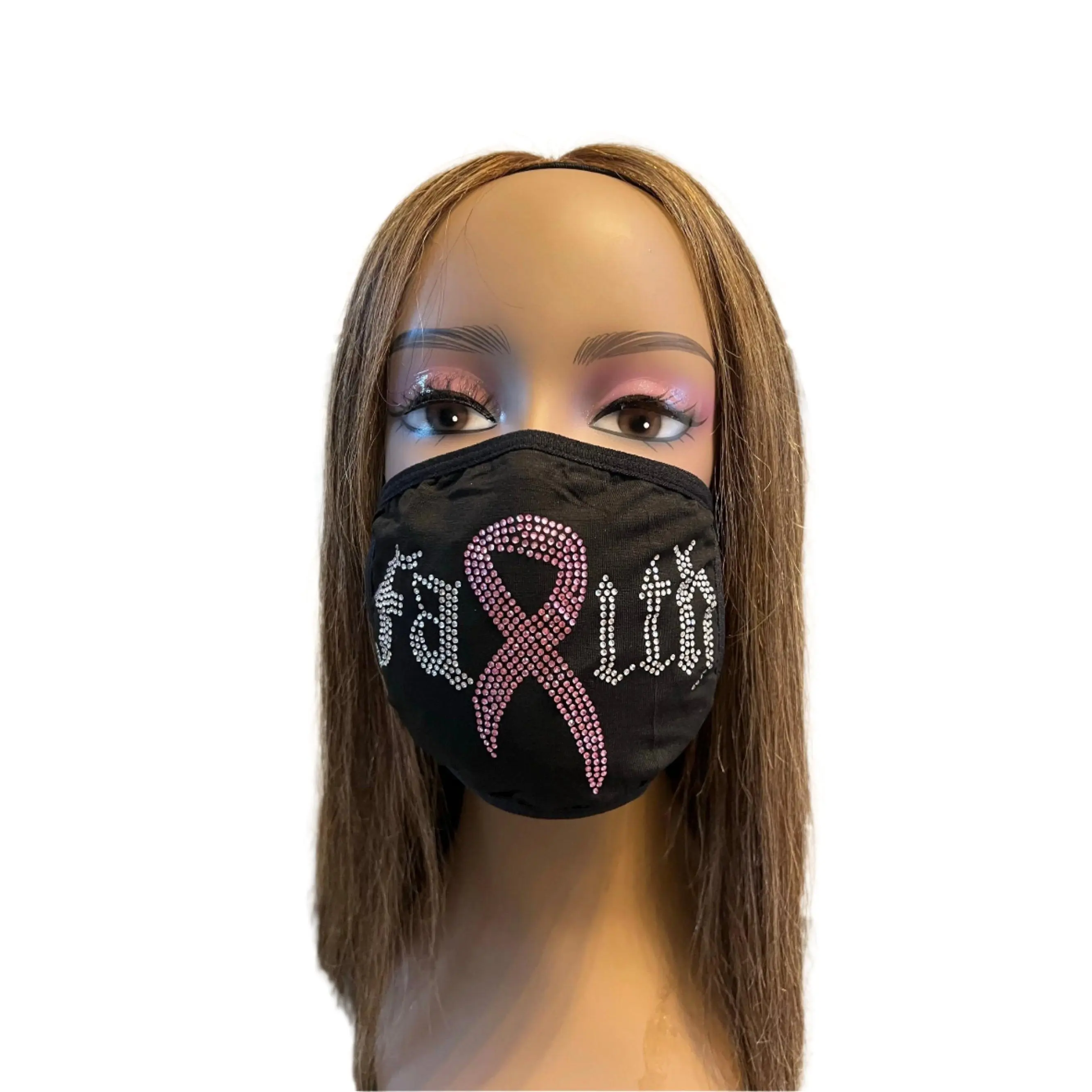 BREAST CANCER AWARENESS PINK RIBBON BLING FACE MASK RHINESTONE