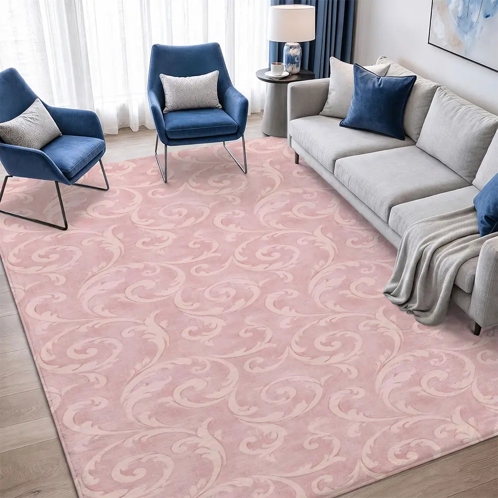 Ornate Pink Floral Velvet Area Rug, Elegant Art Nouveau Living Room Rug, Chic Home Decor