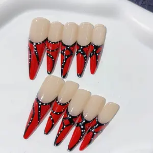 10pcs Handmade Press on Nails Kit, Halloween Long Stiletto Nail Art, Bling Glitter Iridescent Rhinestone Decoration