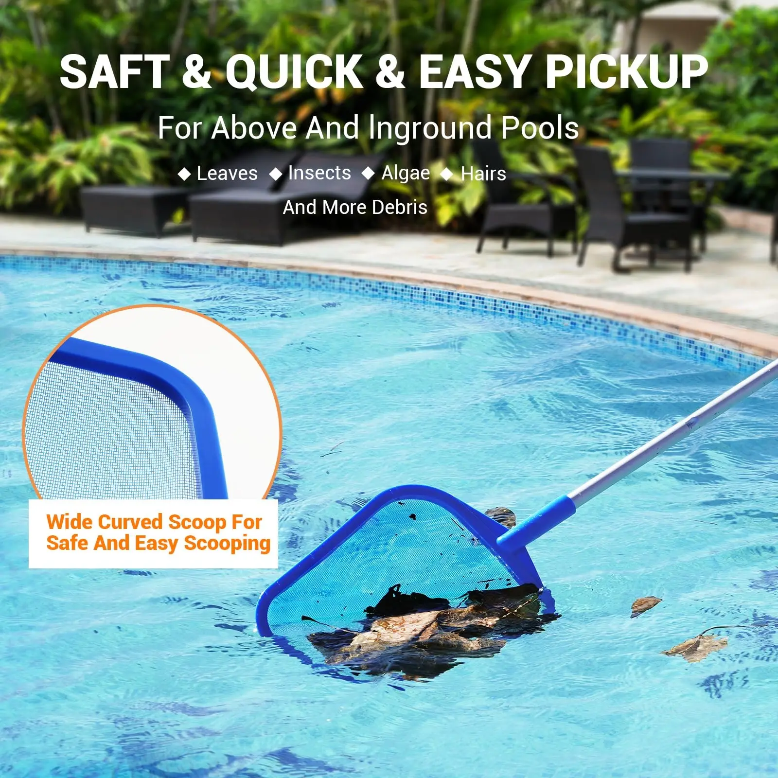 Swimming Pool Cleaning Accessories, Fish Pond Leaf Net, Deep Water Skimmer, Flat Mesh, Aluminum Alloy Pole, Cleaner, Ideal for Leaves Removal