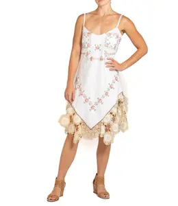 MORPHEW COLLECTION White & Pink Linen Vintage Hand Embroidered From France Dress