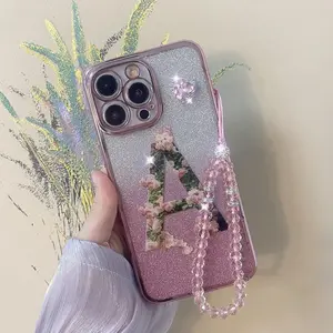 Fashion Glitter Floral Phone Case with Chain, Anti-drop Cellphone Protective Case, Total Protective Shockproof Phone Cover for iPhone 11 12 13 14 15 16 Pro Max