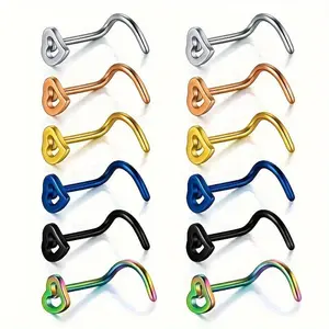 6 count/set of Unique Heart Hook Design Nose Stud L-shaped 5-letter Piercing Jewelry Stainless Steel Jewelry Elegant Sexy Style