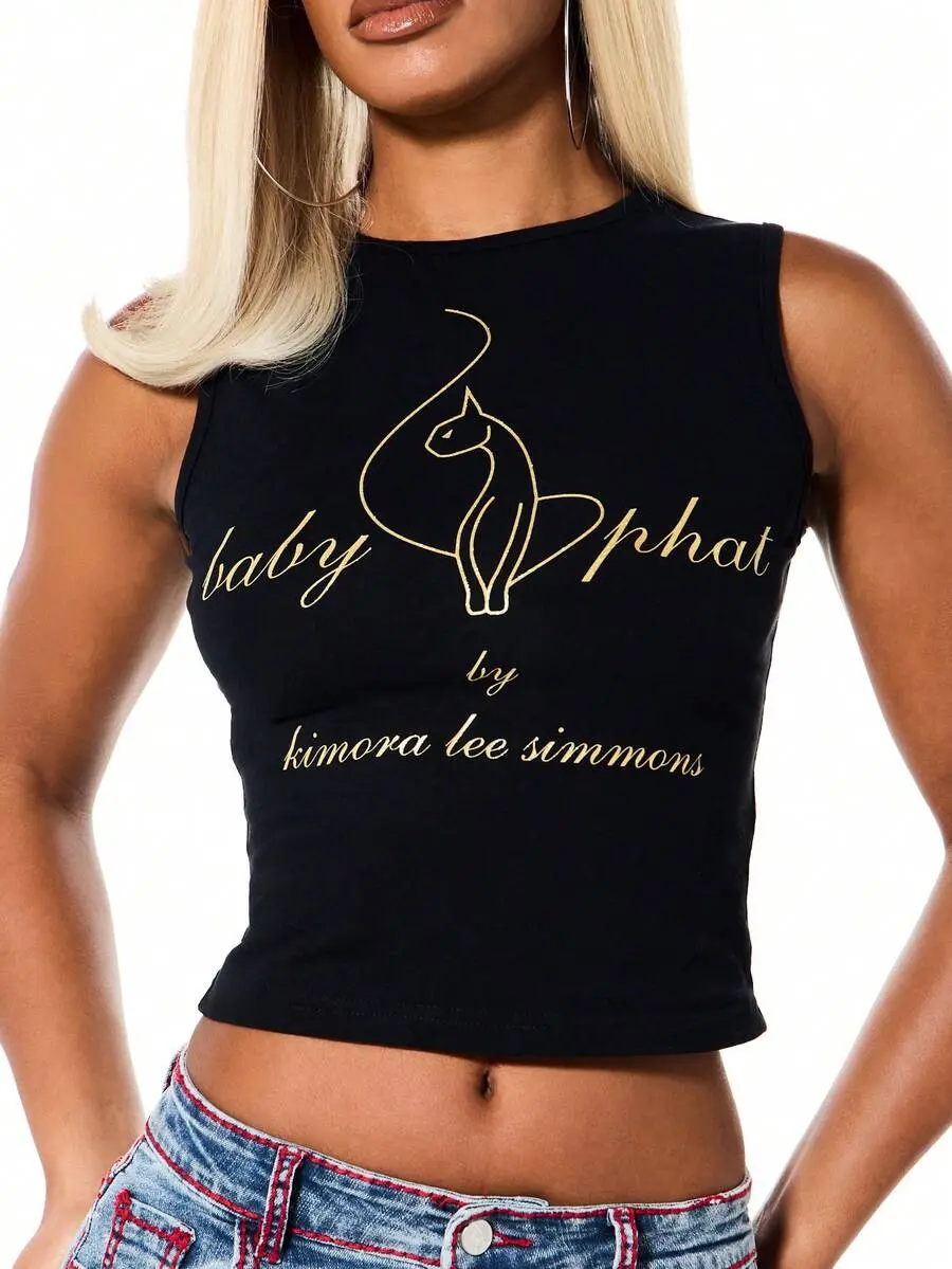 SlaySleep x BABYPHAT Sleeveless Tank Top With Gold Glitter Cat Logo Print And Script Text Design