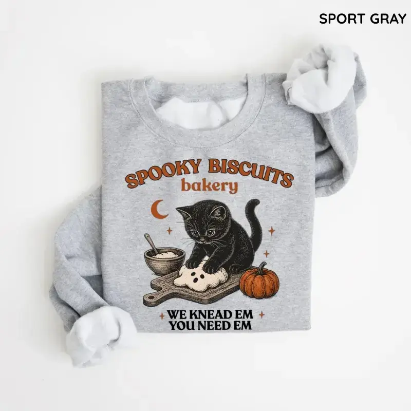 Kitty Biscuits Sweatshirt, Spooky Season Black Cat Halloween Crewneck, Vintage Baking Pumpkin Pullover, Cute Cat Lover Fall Sweatshirt Gift