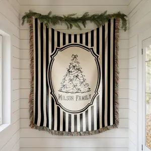 Black & White Christmas Woven Blanket, Holiday Blanket 100% Cotton, Gift for Her