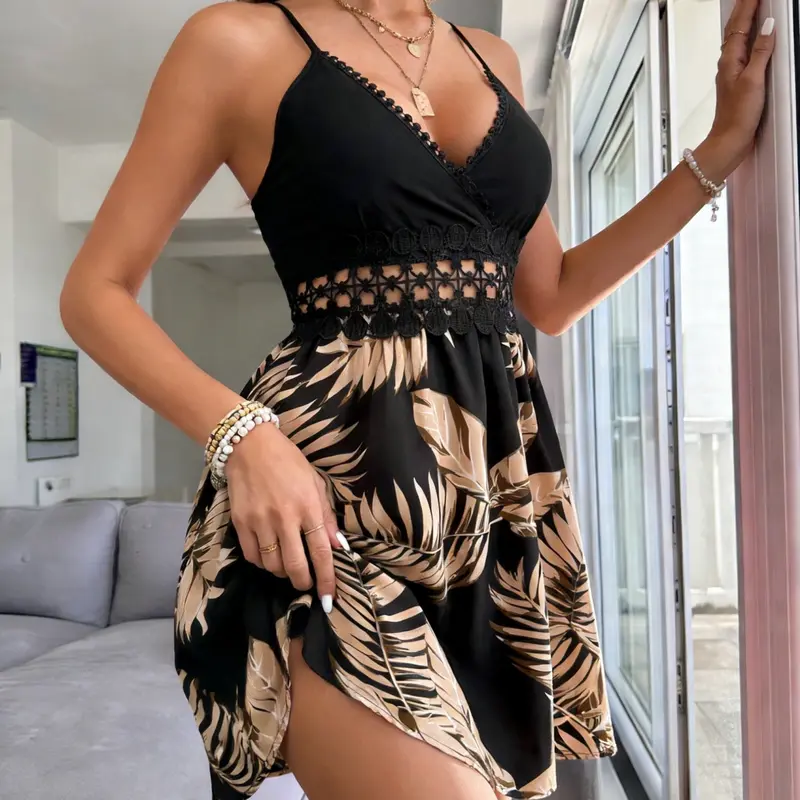 Spicy Coquette Cutout Waist Tropical Leaf Print Mini Dress, Vintage Lace Beach Vacation Dress, French Crochet Mini Resort Dress, Casual Beach Sundress