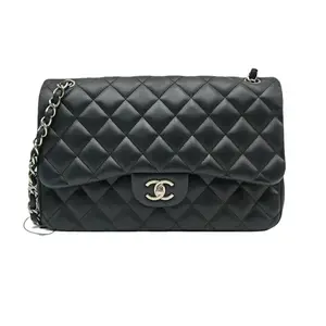 Pre-owned CHANEL HZ7 Classic Flap (CF) — Black with Silver Hardware, Lambskin, Jumbo Size 61872