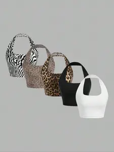 Women's Plain & Zebra Stripe & Leopard Print Halter Neck Crop Top, Casual Boho Sleeveless Top for Daily Wear, Ladies Clothes for All Seasons, Halter Top, Backless Tops, Womenswear, Halter Tank Top